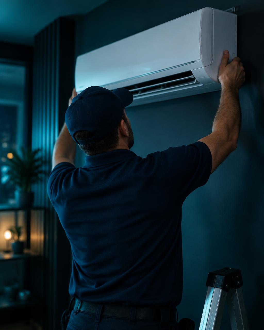 Air Tech technician installing an air conditioner